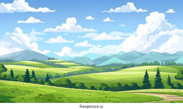 Beautiful Cartoon Landscape with Green Hills and Mountains