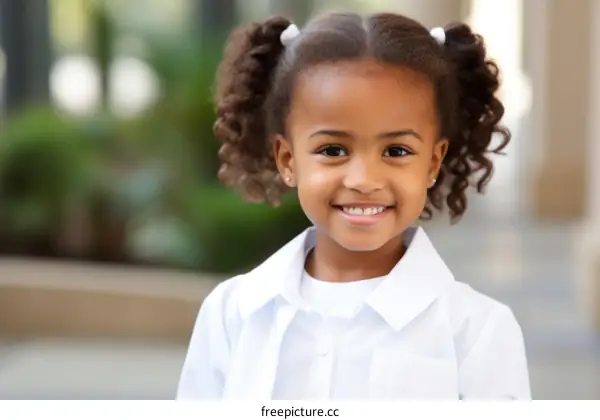 Little happy African American girl with curly hair smiling