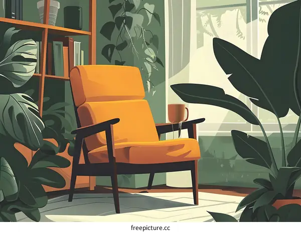 Modern Living Room with Yellow Armchair and Plants