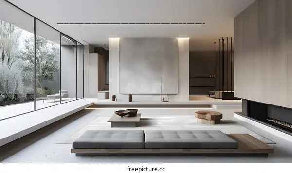 Minimalist Living Room Design with Concrete Wall and Wooden Accents