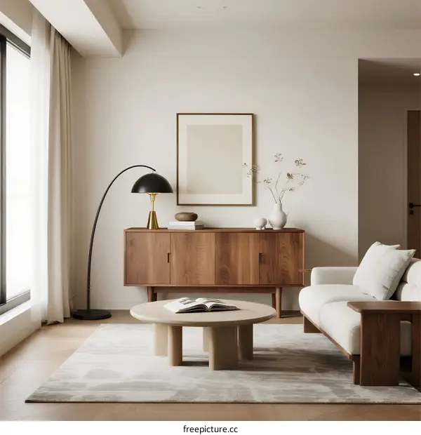 Minimalist living room with modern wooden furniture and soft lighting