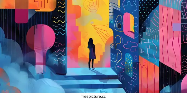 Abstract Colorful Background With Woman Looking Out At A Bright Future