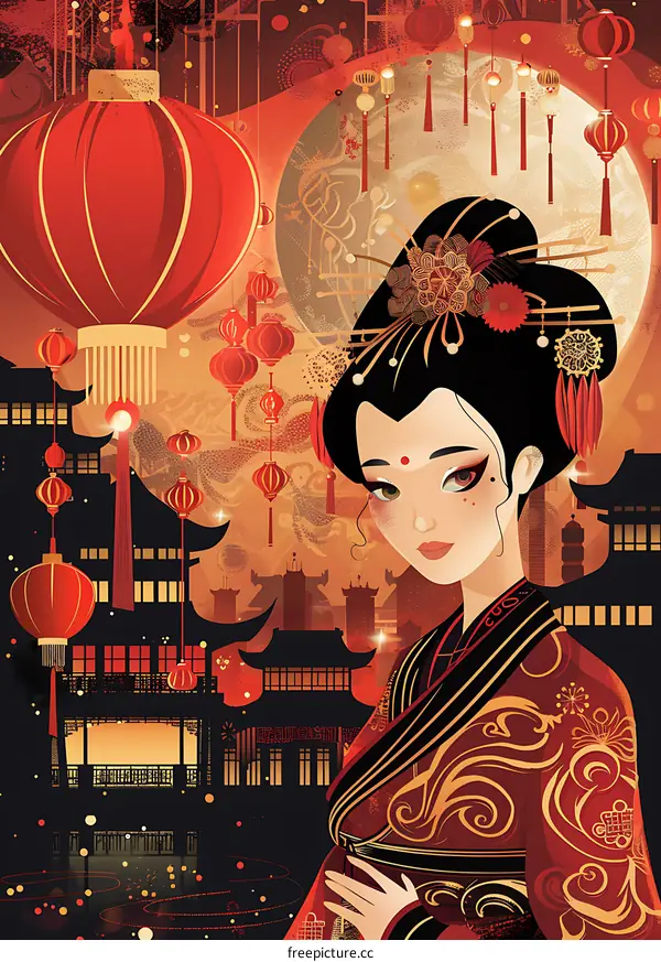 Chinese New Year Celebration With Woman In Traditional Clothing