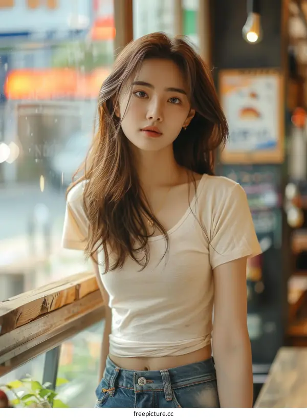 A beautiful Asian woman with long brown hair and brown eyes is sitting in a cafe.