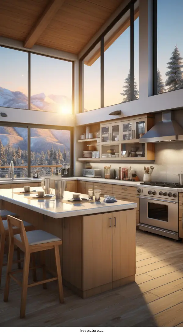 kitchen island with a view of the mountains