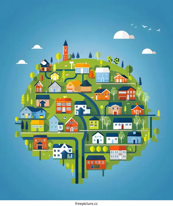 Illustration of a Tiny Village with Houses and Trees