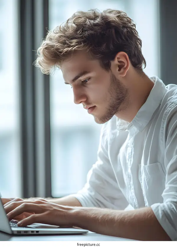 Young Man Working on Laptop in Office