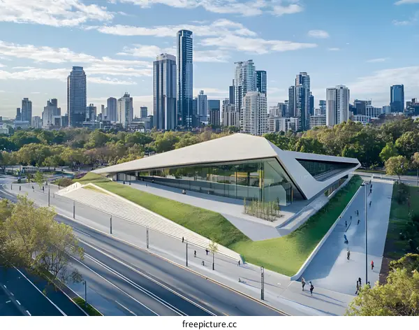 Modern Architecture Building with Green Landscaping and City Skyline in the Background