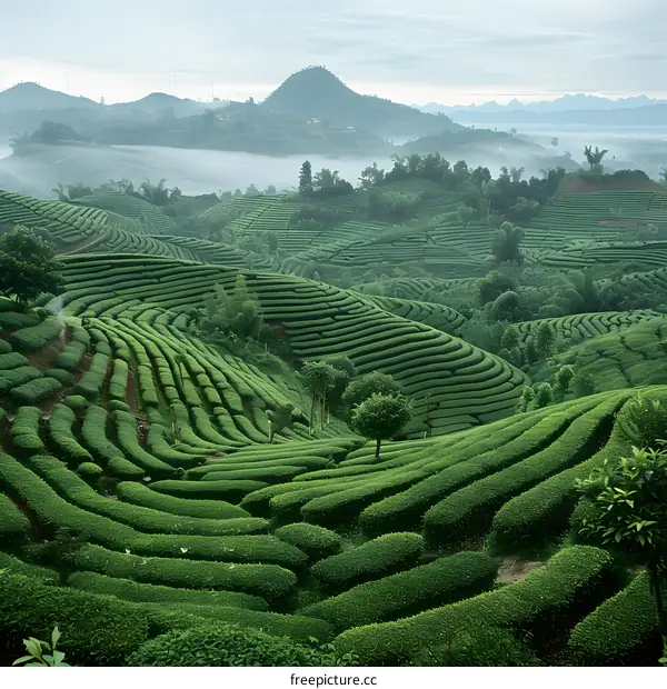 A lush green tea plantation in the mountains of China.