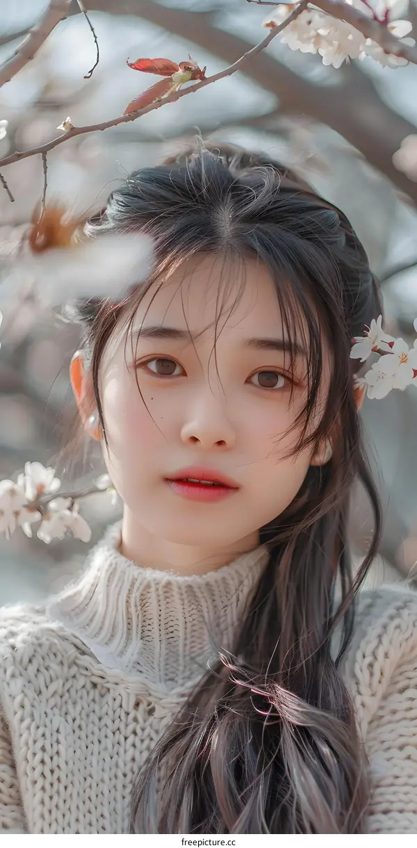 Portrait of a Young Asian Woman in a White Sweater