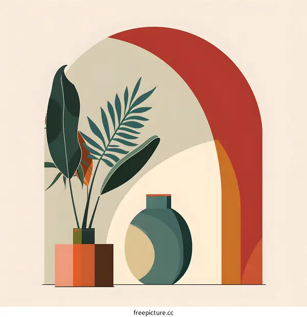 Abstract Art with Green Plants in a Vase and an Archway