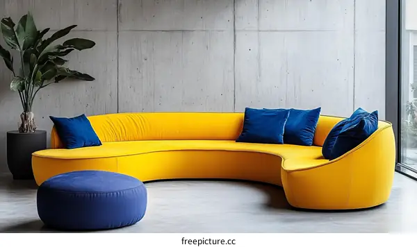 Modern Yellow Curved Sofa with Blue Pillows