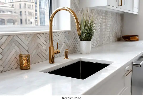 Modern Kitchen Countertop with Gold Faucet and Subway Tile