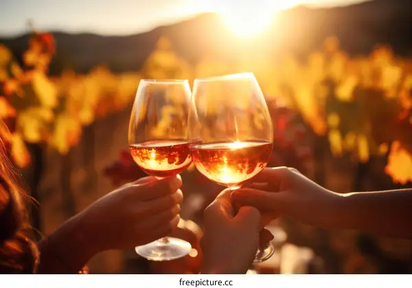 Two people toasting with wine glasses in a vineyard at sunset