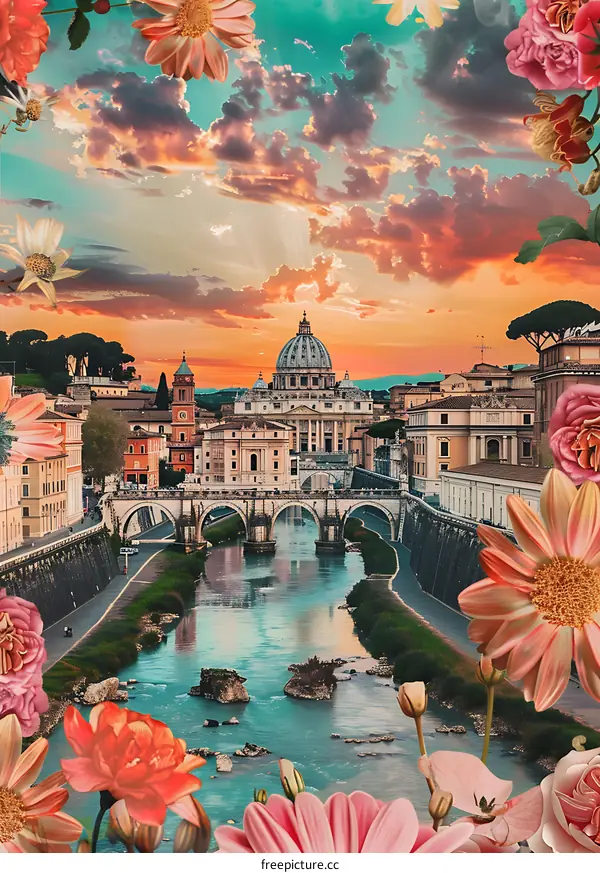 Rome Cityscape with Flowers and Sunset