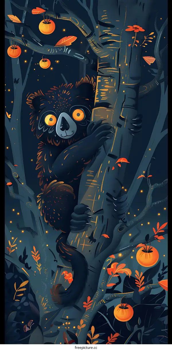 Nighttime Forest Illustration with a Loris Animal