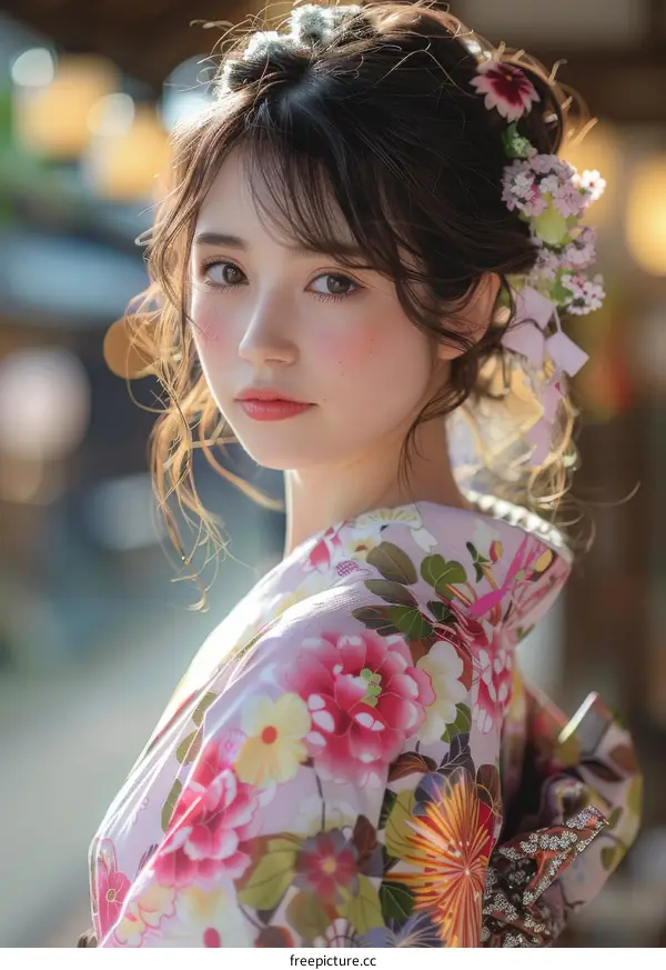 Young Asian Woman in Kimono with Flowers