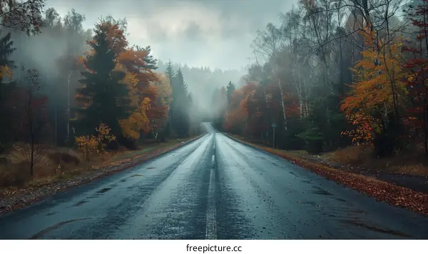 Misty Autumn Road Through the Forest
