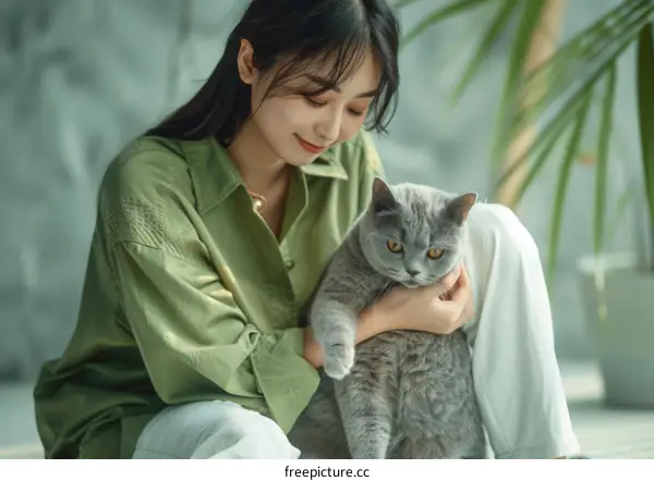 A young woman is sitting on the floor with a British shorthair cat
