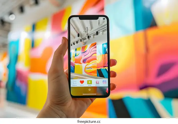Hand holding a smartphone showing a colorful abstract art piece