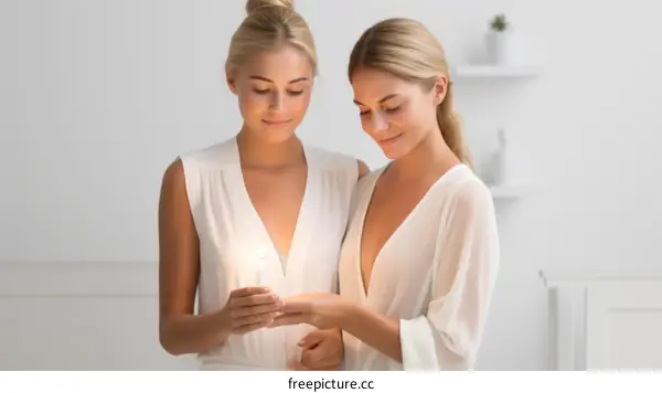 Two young women in white dresses are holding a candle