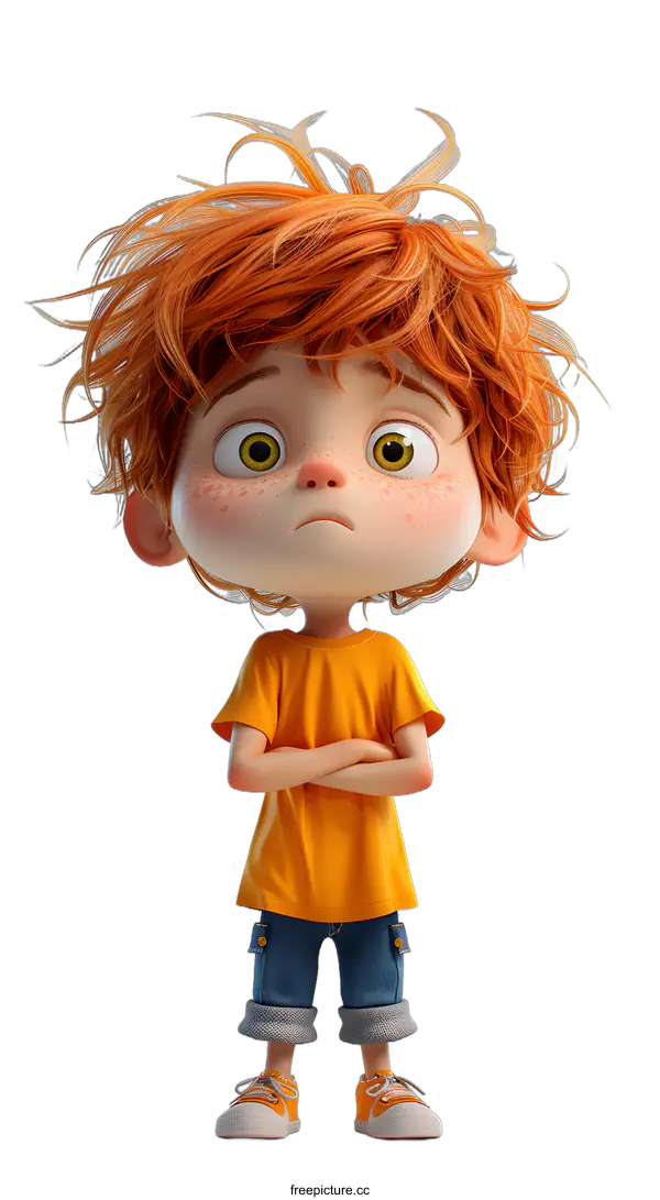 [Transparent Background PNG]3D cartoon character of a boy with freckles and crossed arms