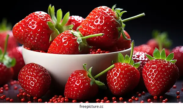 A bowl of fresh strawberries on a black background