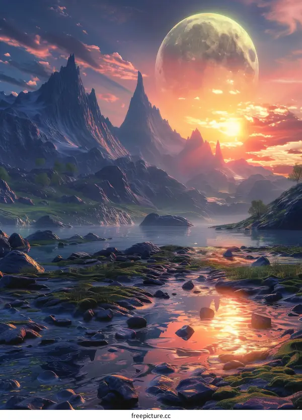 Enchanted Fantasy Landscape with Mountains, Lake, and Moon