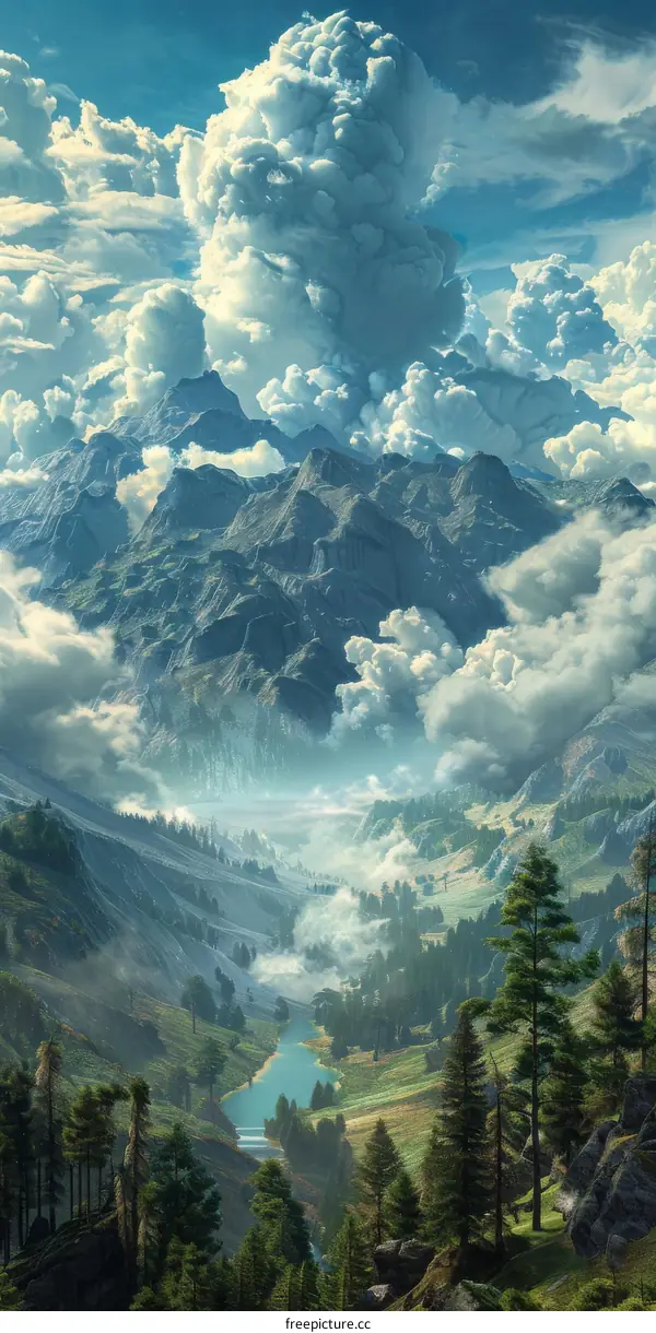Fantasy Landscape with Mountain River and Clouds