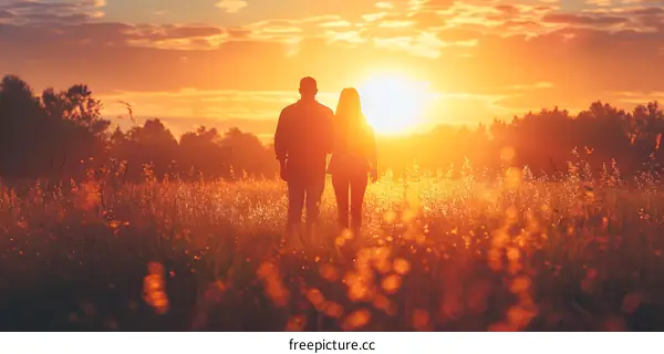 Couple Silhouettes in a Field at Sunset