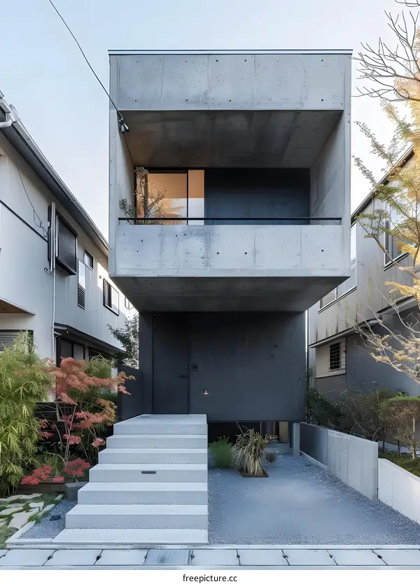 Modern Concrete House with Balconies and Gravel Garden