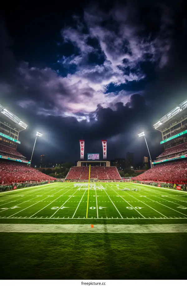 American Football Field Under Stormy Sky