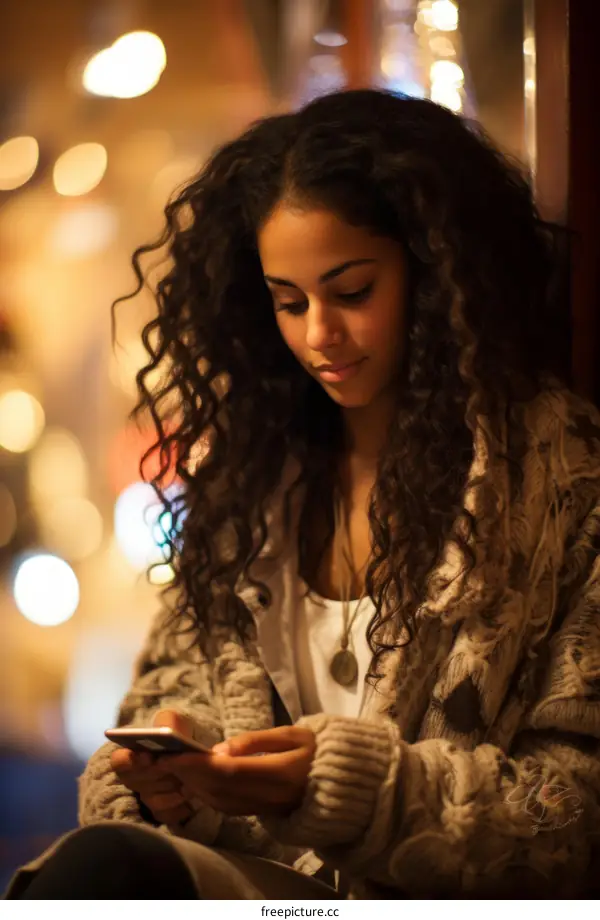Young woman with curly hair using her phone at night