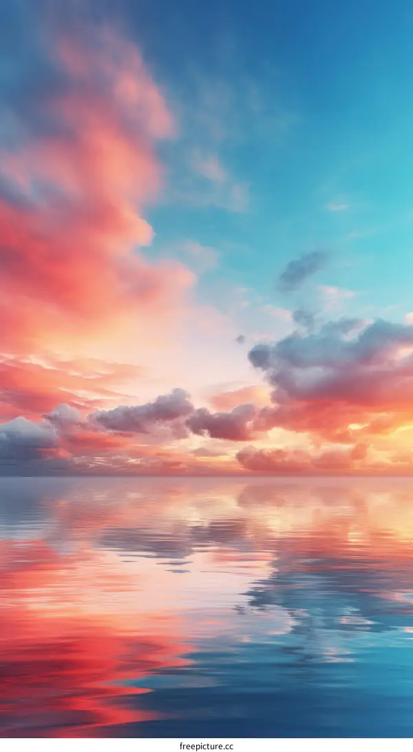 A vivid sunset sky over a calm sea