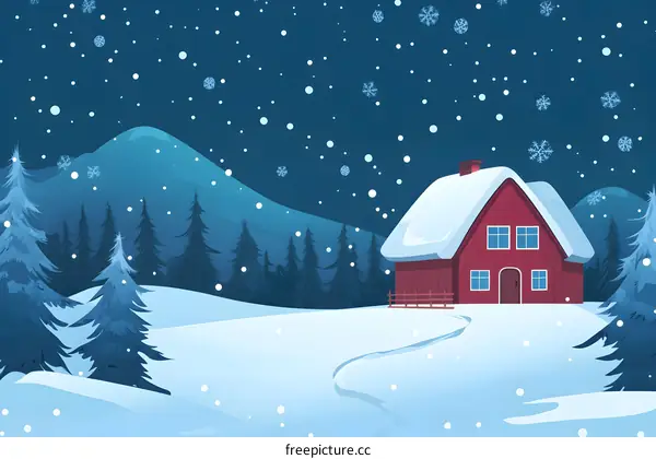 Snowy Winter Night with Cabin and Pine Trees