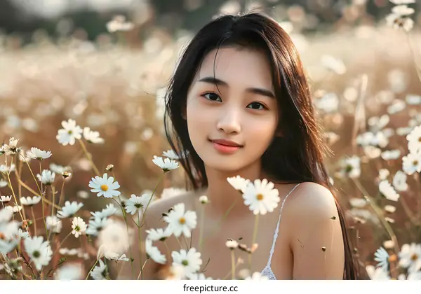 Beautiful Asian Woman in a Field of White Flowers