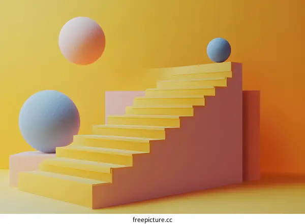 Yellow Stairs with Pastel Spheres in a Minimalist 3D Rendered Scene