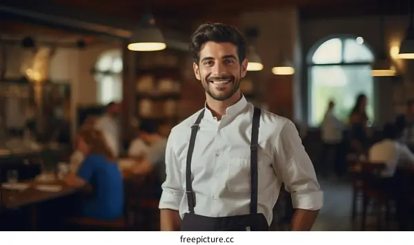 Portrait of a Smiling Chef in a Busy Restaurant