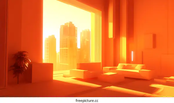 Orange Minimalist Living Room with City View