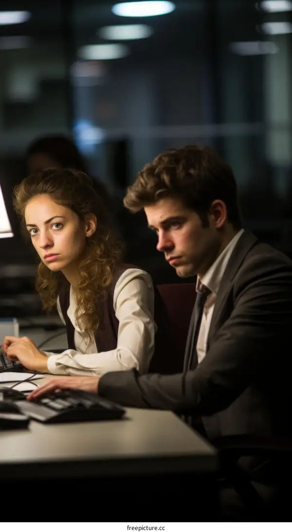 Two young professionals working late at the office