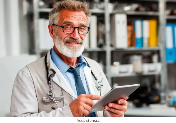 Caucasian Doctor Using Digital Tablet in Clinic
