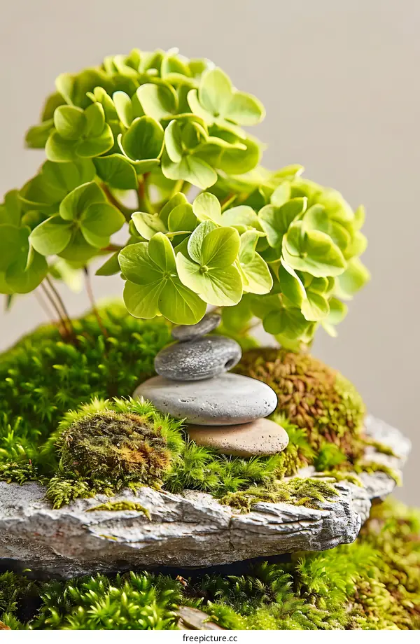 Green Plant and Stacked Stones On Mossy Rock