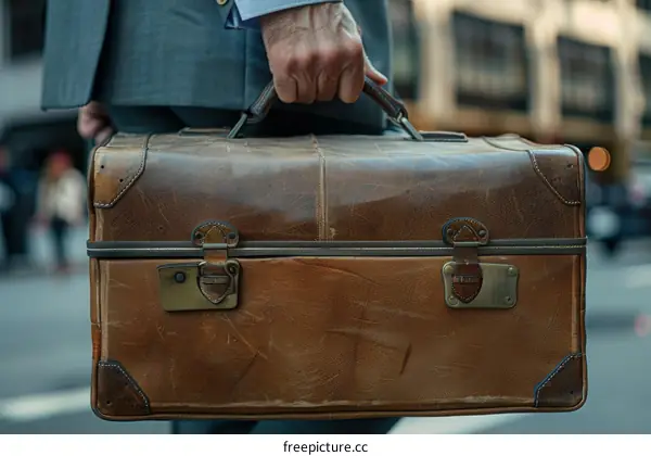 Vintage brown leather suitcase in the hand of a man in a suit