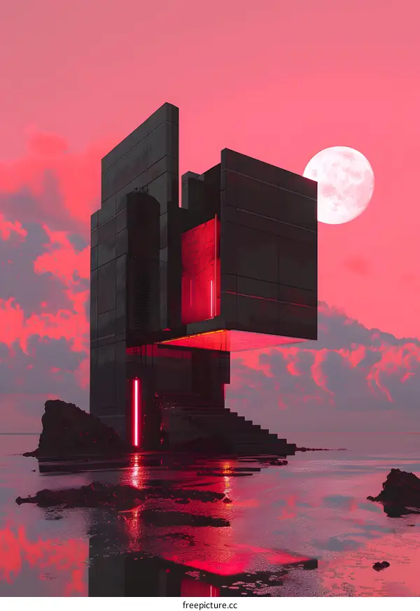 Futuristic Architecture with a Red Glow at Sunset