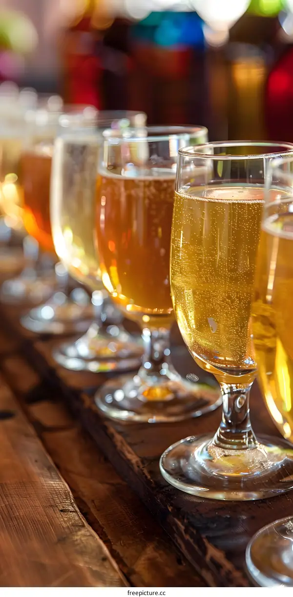 Closeup of a Row of Beer Glasses on a Wooden Table