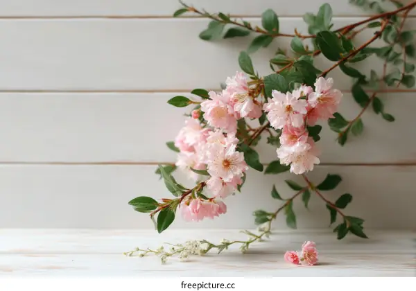 Delicate Pink Blossoms on White Wooden Background