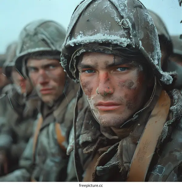 A soldiers face is covered in snow and ice during the Korean War.