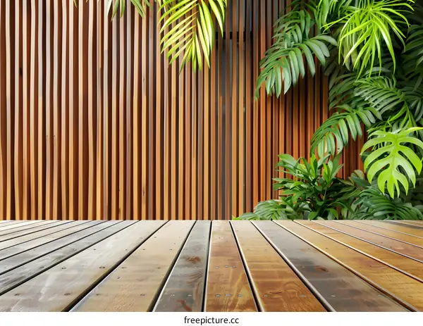 Wooden Deck with Green Plants and Wooden Wall Background