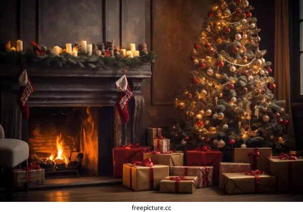 Christmas Tree in Living Room with Fireplace, Presents