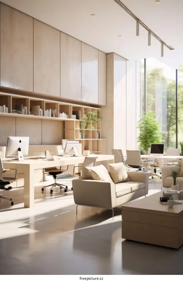 The office has a large window that lets in natural light